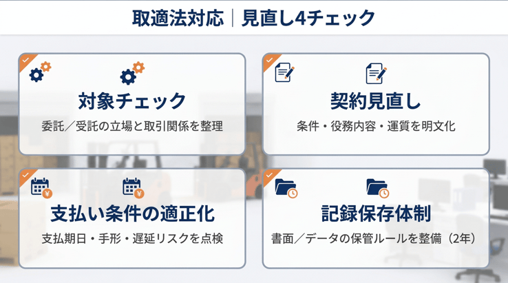 取適法対応の見直しポイント4項目(対象チェック、契約見直し、支払い条件の適正化、記録保存体制)をまとめたチェックリスト図解